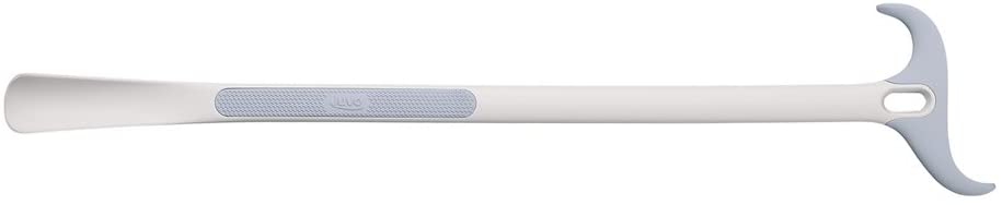 A white long-handled shoehorn with a light gray grip section and a hook on the opposite end. The ergonomic design and durable material make it ideal for assisting individuals with limited flexibility or mobility in putting on shoes or removing socks. The hook adds additional versatility for dressing tasks. Lower Body Dressing After Hip Replacement Surgery