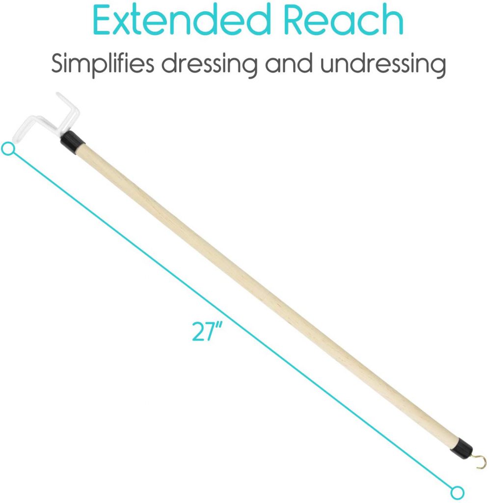 A long wooden dressing stick is shown with a hook on on end and an "S"-shaped design on the other. A measurement shows the stick is 27 inches long. The words "Extended Reach - Simplifies dressing and undressing" are shown