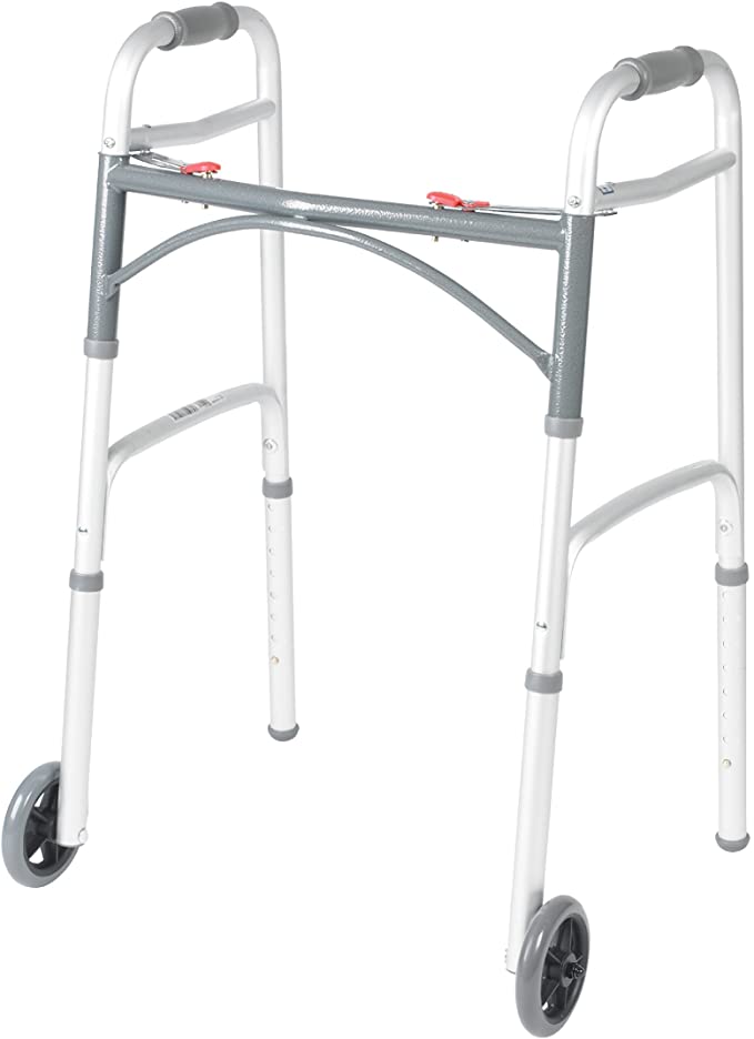 A lightweight, foldable walker with two front wheels and adjustable height settings. The walker features padded hand grips and a sturdy frame for enhanced stability and support. How to Get In and Out of the Car After Hip Replacement