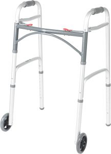 Lightweight aluminum walker with two front wheels and rubber grips for easy handling. The walker features adjustable height settings and a durable gray frame for enhanced mobility and support. How to Use a Knee Scooter in the Bathroom - EquipMeOT