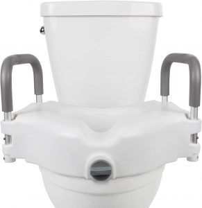 Looking at the front of a toilet with a clamp-on toilet seat riser installed on the toilet seat