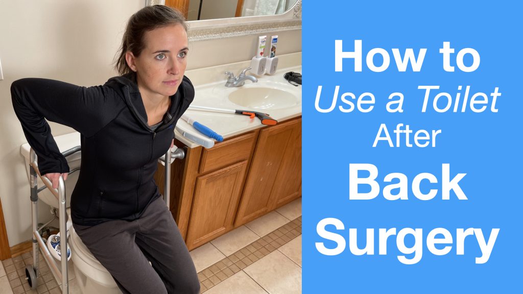 A woman demonstrates how to use a toilet with assistance after back surgery. She is seated with a support frame around the toilet, her hands on the rails for support. To her right, a bathroom sink is visible with various toiletry items on it. The image has a large blue text overlay on the right side reading 'How to Use a Toilet After Back Surgery.'