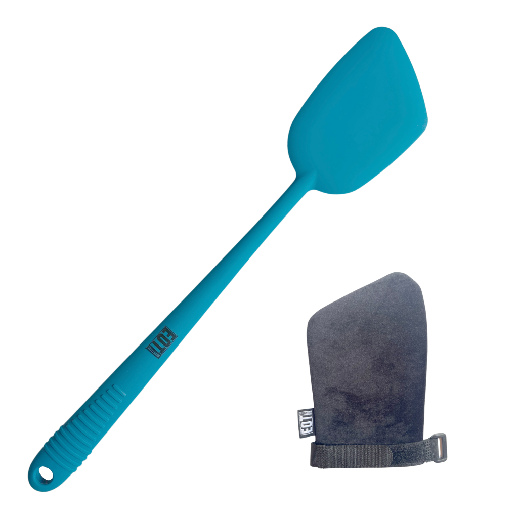 EOT Wellness bendable blue silicone lotion applicator with ergonomic handle alongside a black application mitt.