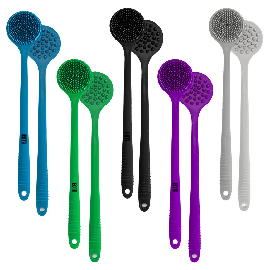 Five bendable long-handled body and scalp scrubbers in blue, green, black, purple, and gray colors.