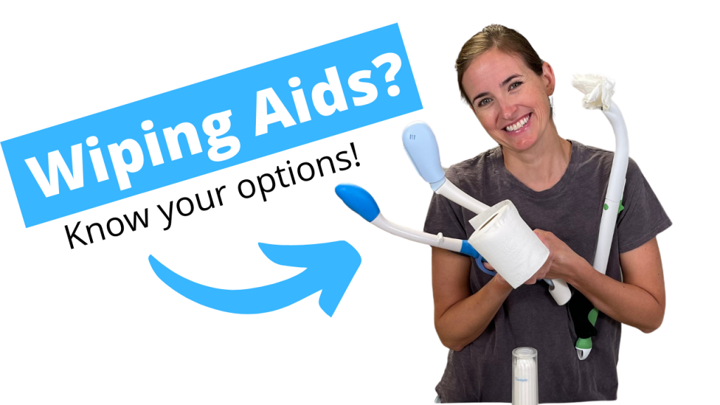 Thumbnail image featuring a smiling person holding various toileting aids, including long-reach and ergonomic designs, along with a roll of toilet paper. The text reads 'Wiping Aids? Know your options!' with a blue arrow pointing to the products, highlighting the topic of choosing the right aid.