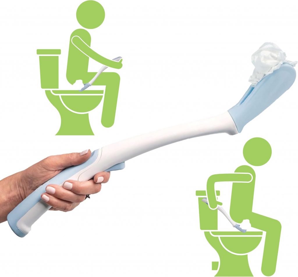 Long-reach toilet aid with a blue ergonomic handle and tissue-gripping end, designed for personal hygiene assistance. The image includes illustrations showing front and back wiping positions, demonstrating the product's versatility and ease of use. How to Choose a Toilet Aid for Wiping - EquipMeOT