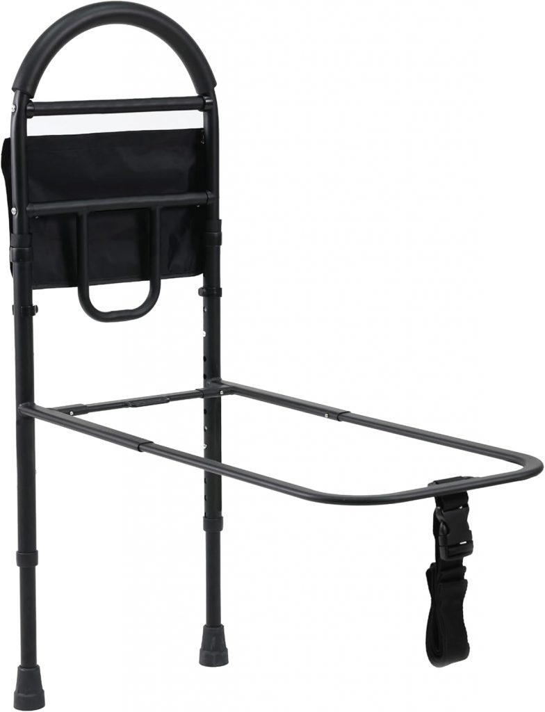 A black adjustable bed rail featuring a sturdy metal frame with a curved handle for secure gripping. The rail includes a built-in storage pouch for convenient access to personal items and an adjustable safety strap for secure attachment to the bed frame. How to Sleep After a C-Section - EquipMeOT