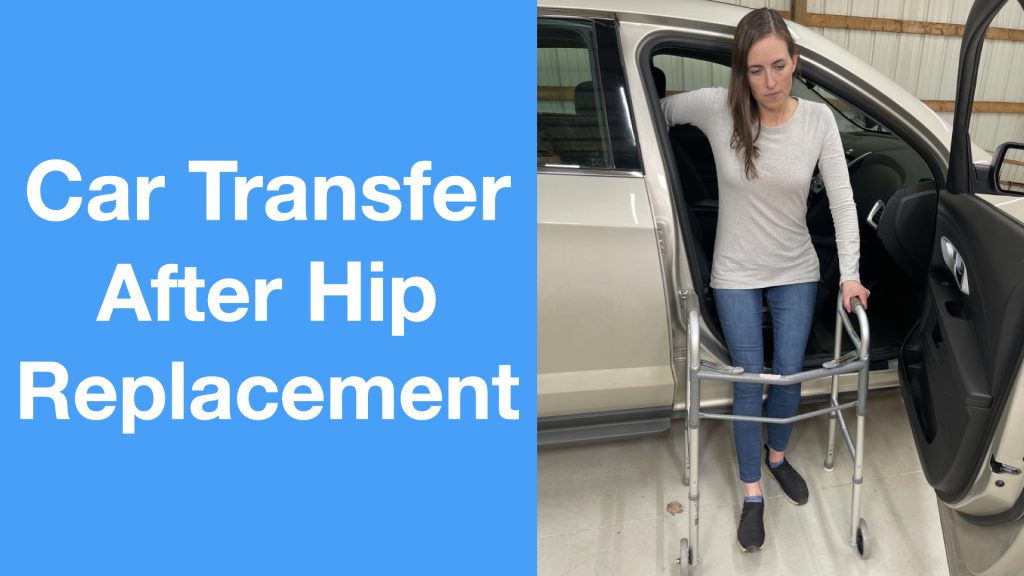 A promotional graphic demonstrating a car transfer technique after hip replacement. On the right, a woman uses a walker for support as she exits a car, wearing a light gray long-sleeve shirt, blue jeans, and black slip-on shoes. On the left, bold white text on a blue background reads, "Car Transfer After Hip Replacement." The image emphasizes mobility assistance and safe practices for transitioning in and out of a vehicle post-surgery.